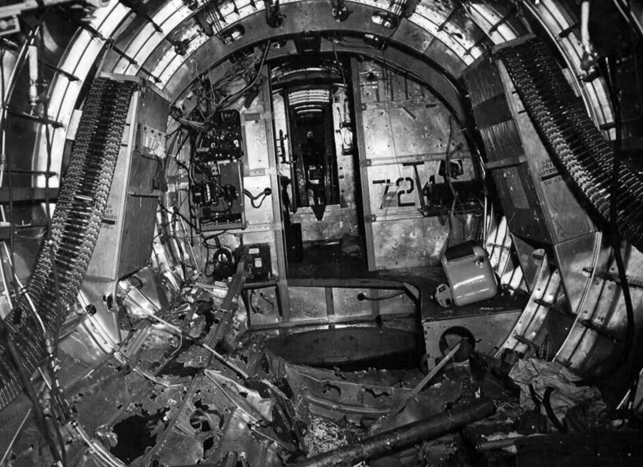 Interior of B-17G Flying Fortress “Little Miss Mischief” after taking heavy damage during a mission over Cologne, Germany, October 15 1944 
